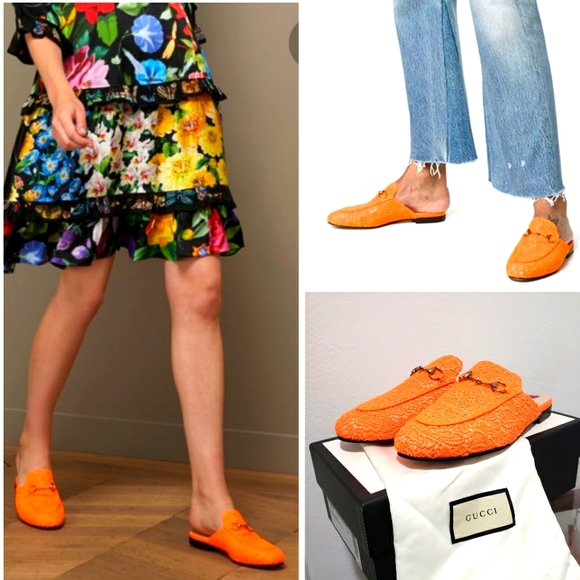Orange Gucci Princetown Lace Mule Shoes 39.5 - Picture 7 of 14